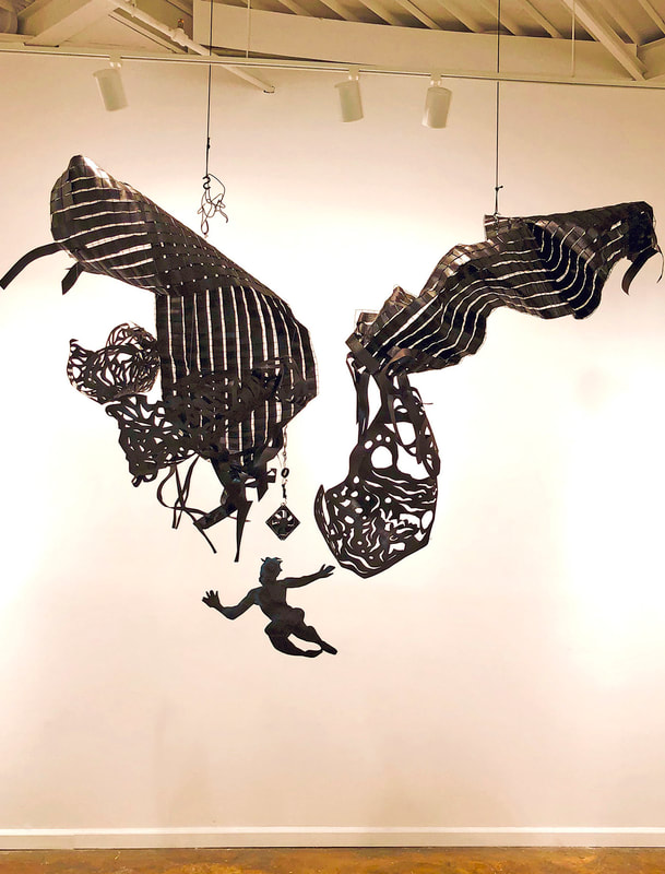 Sharon Barnes, Milkman's Flight   suspended sculpture    approx. 72"x72"x3" variable