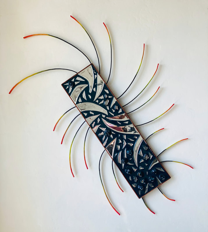 Karena Massengill</br>
“Recovery” </br>
41in x 27in x 2in</br>
2020</br>
Fabricated steel, enamel, wood, mirrors, African glass beads</br>
$1275.00