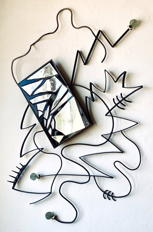 Karena Massengill</br>
“Determination”</br>
 39in x 25in  x 2in</br>
2021</br>
Fabricated steel, wood, mirrors, glass, enamel, oils, and resin</br>
$1,275.00