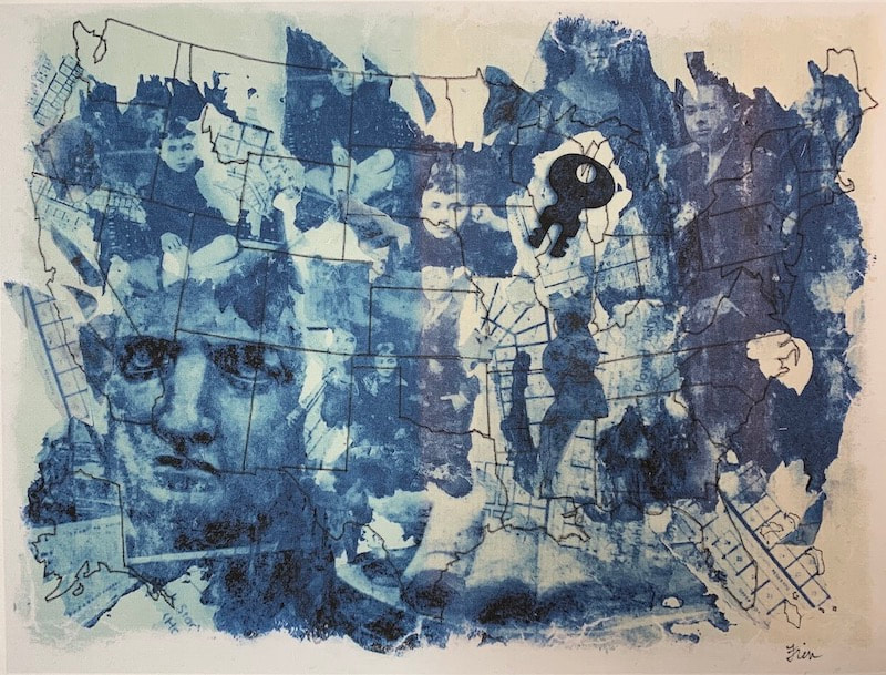 “The Immigrant”</br>
2021</br>
Gel Photo Transfers Printed on Inkjet Fabric w/handrawn ink details</br>
$275.00